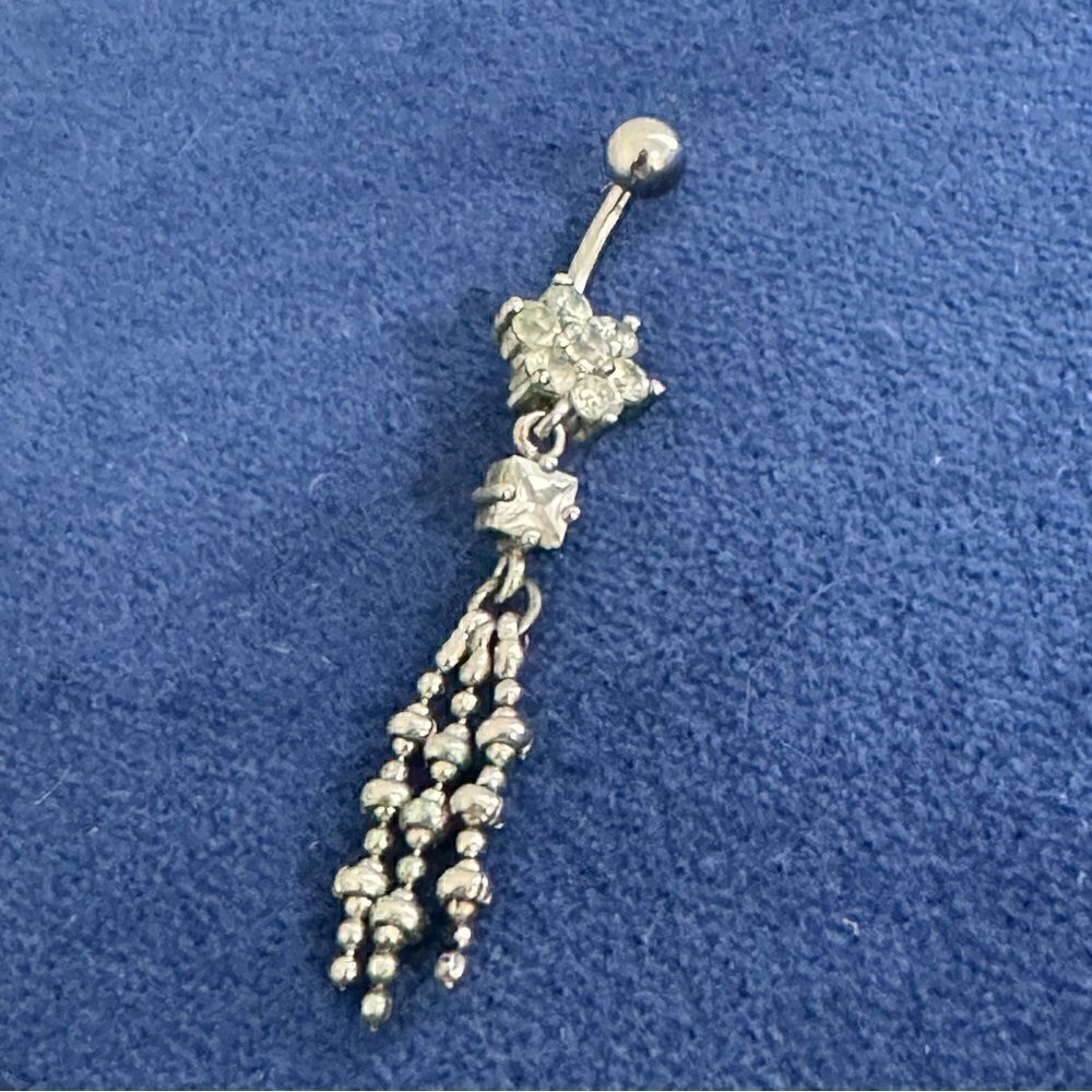 Stainless Steel Silver CZ Cubic Zirconia Dangle Bead Vintage Belly Ring 90s Y2K